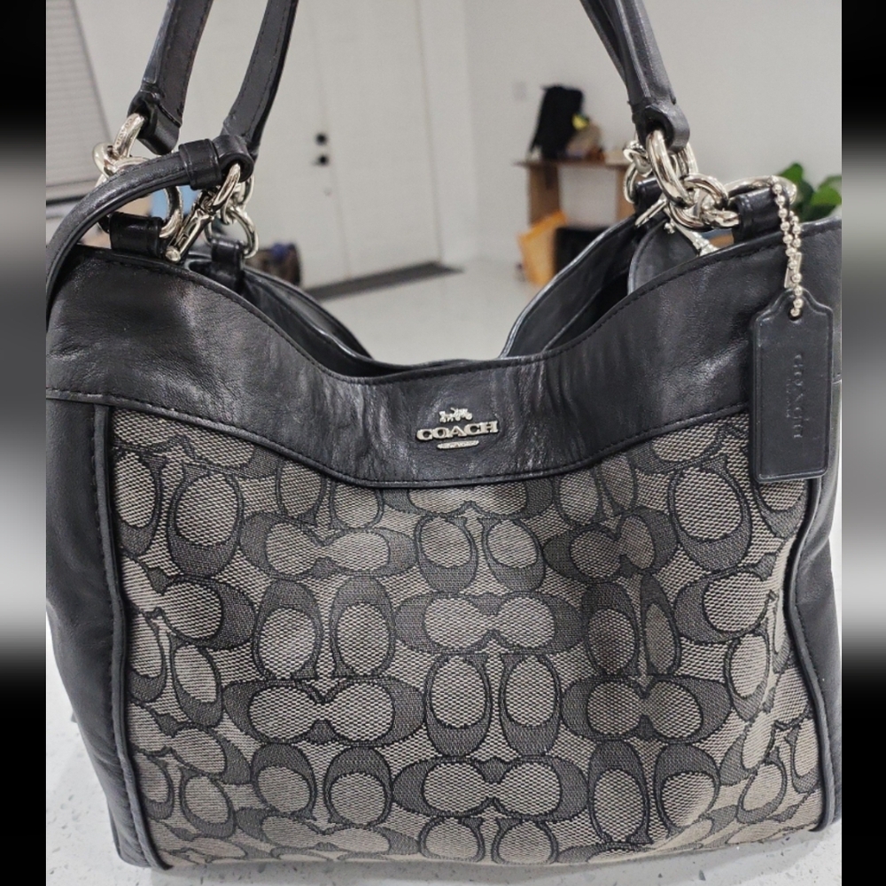 Coach, Lexy, Gray Signature Canvas and Black Leather, Hand/Crossbody